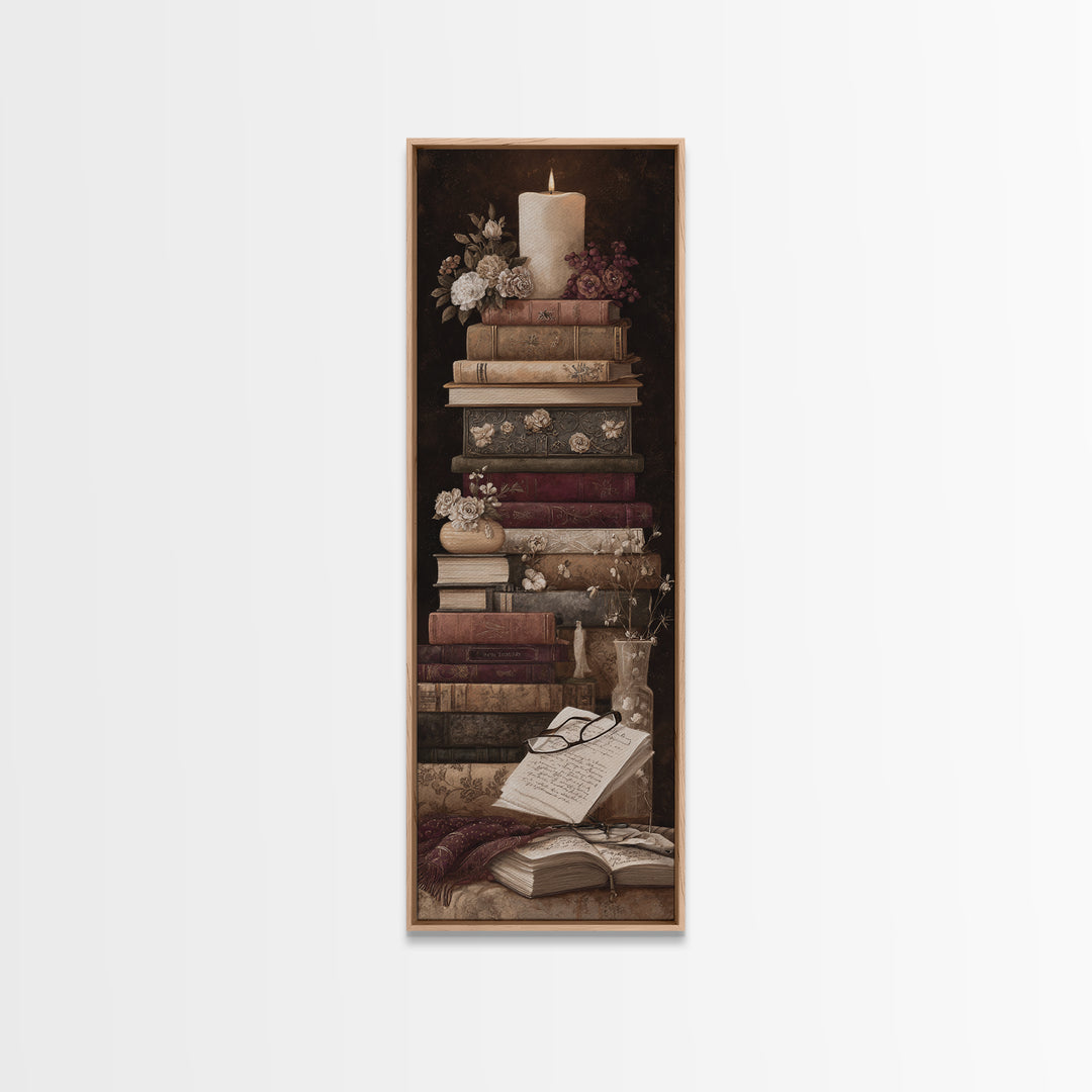 Botanical Bookmark and Open Pages Arrangement Framed Canvas Print, Bookstore Art, Downloadable Art, Bookstore Decor, Literary, BOO-1x3-96