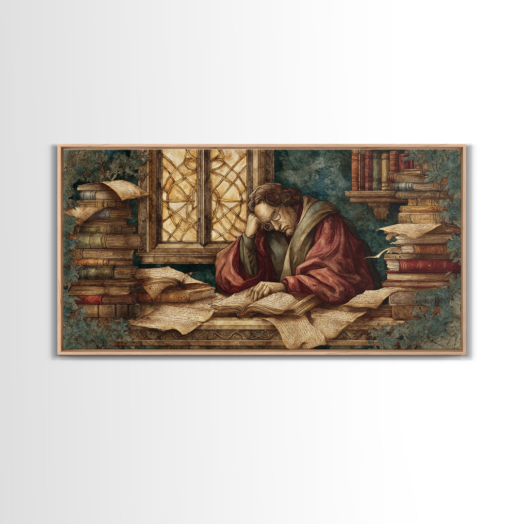 Renaissance Scholar Portrait Framed Canvas Print, Bookstore Art, Feminine Wall Art, Bookstore Decor, Fine Art, Literary, BOO-2x1-19