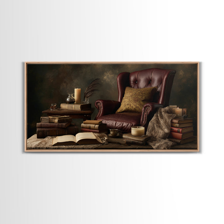 Cozy Reading Chair Still Life Without Room Framed Canvas Print, Bookstore Art, Painting, Bookstore Decor, Fine Art, Literary, BOO-2x1-25