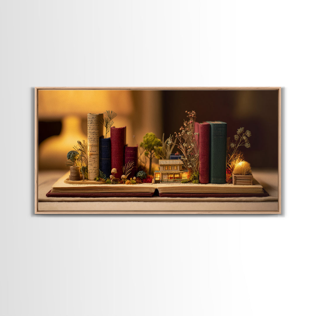 Miniature Garden Growing from an Open Book Canvas Print, Bookstore Art, Textured Painting, Bookstore Decor, Fine Art, Literary, BOO-2x1-66