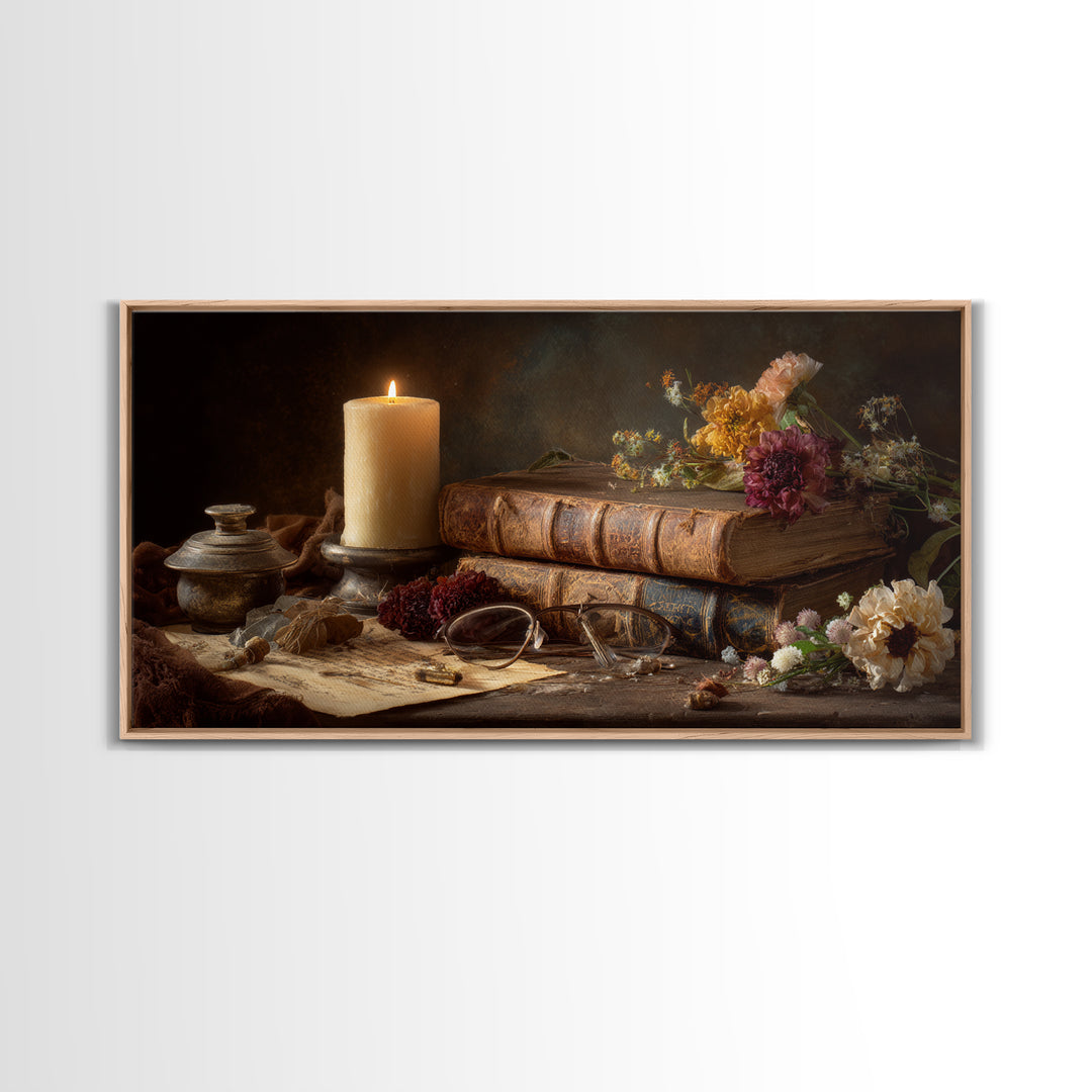 Dark Academia Candle and Book Still Life Canvas Print, Bookstore Art, Contemporary Art, Bookstore Decor, Fine Art, Literary, BOO-2x1-78
