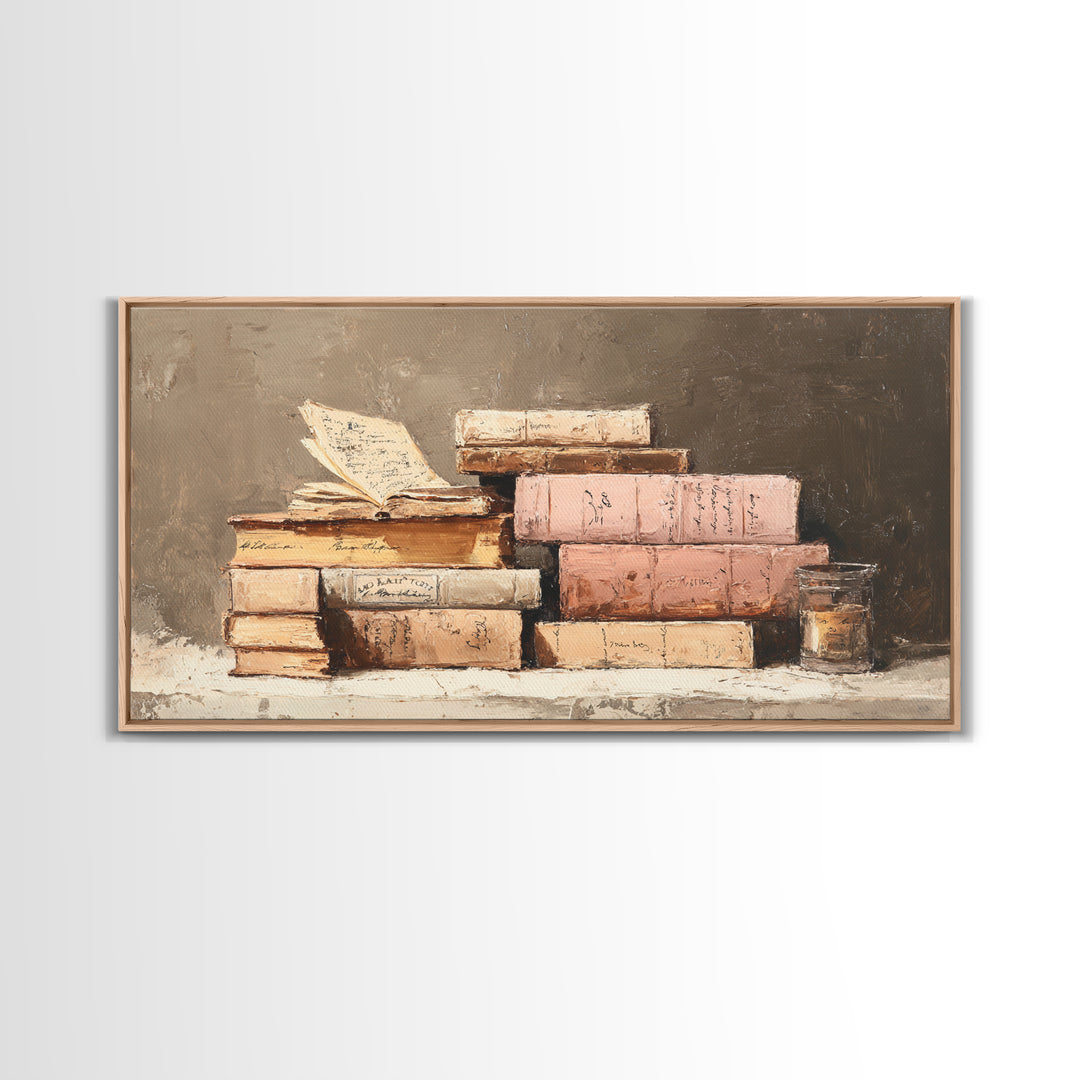Warm Sepia Book Pile Framed Canvas Print, Bookstore Art, Book Art, Bookstore Decor, Oil Painting, Literary, Feminine Wall Art, BOO-2x1-92