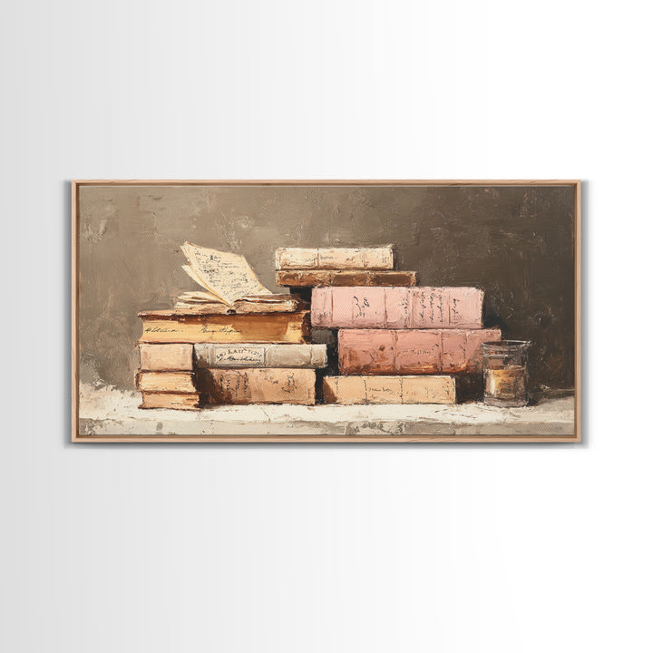 Warm Sepia Book Pile Framed Canvas Print, Bookstore Art, Book Art, Bookstore Decor, Oil Painting, Literary, Feminine Wall Art, BOO-2x1-92