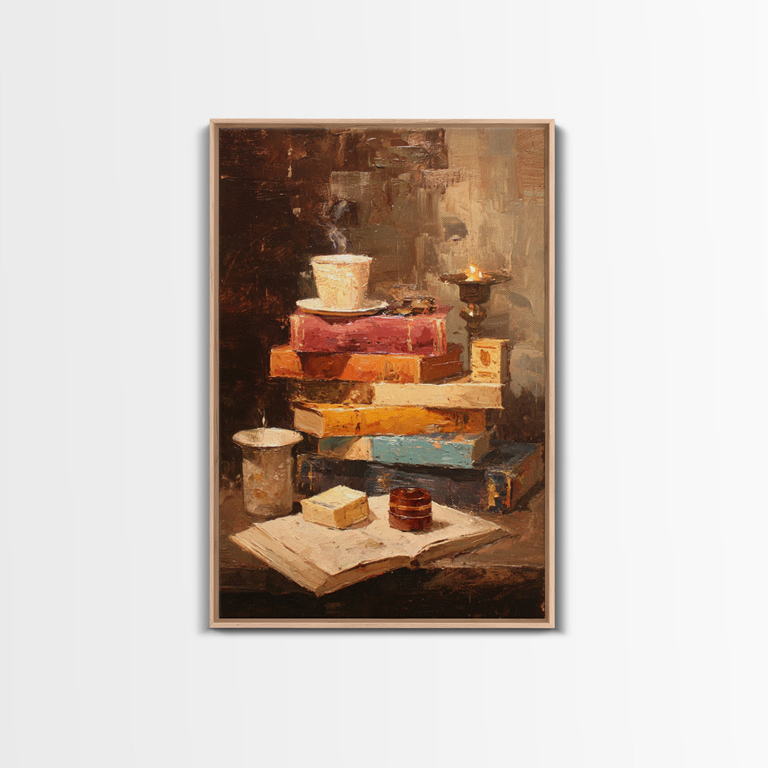 Rainy Day Reading Still Life Framed Canvas Print, Bookstore Art, Pink Wall Art, Bookstore Decor, Oil Painting, Literary, BOO-2x3-53