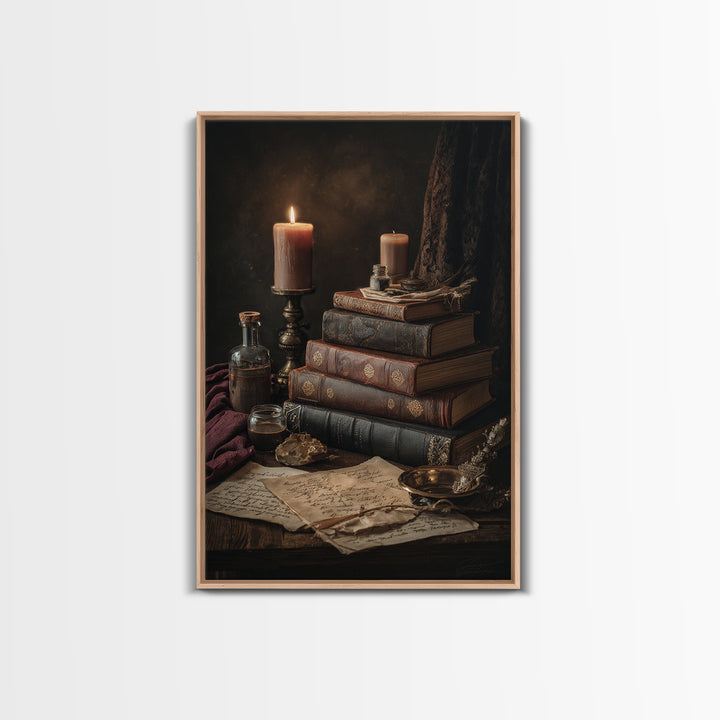 Dark Academia Candle and Book Still Life Framed Canvas Print, Bookstore Art, Pink Wall Art, Bookstore Decor, Fine Art, Literary, BOO-2x3-90