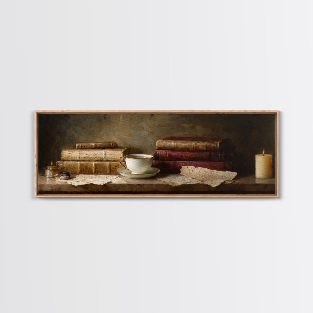 Teacup Beside a Worn Leather Bound Book Framed Canvas Print, Bookstore Art, Home Decor, Bookstore Decor, Fine Art, Literary, BOO-3x1-72