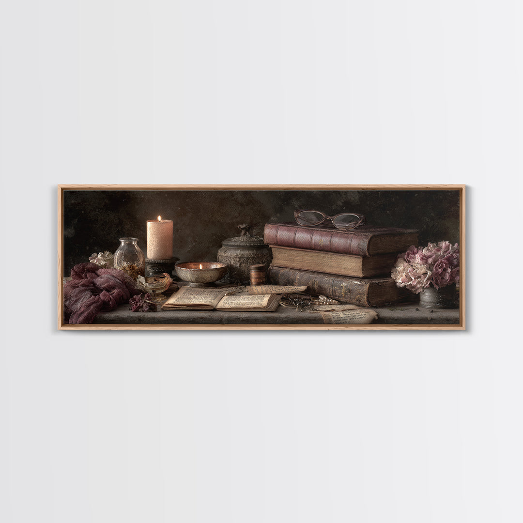 Dark Academia Candle and Book Still Life Framed Canvas Print, Bookstore Art, Office Art, Bookstore Decor, Oil Painting, BOO-3x1-74