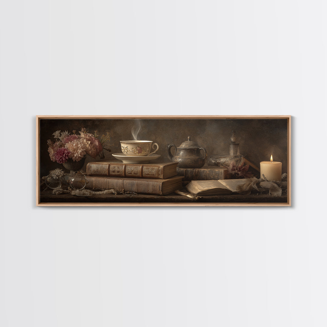 Teacup Beside a Worn Leather Bound Book Canvas Print, Bookstore Art, Wall Decor, Bookstore Decor, Fine Art, Literary, BOO-3x1-96