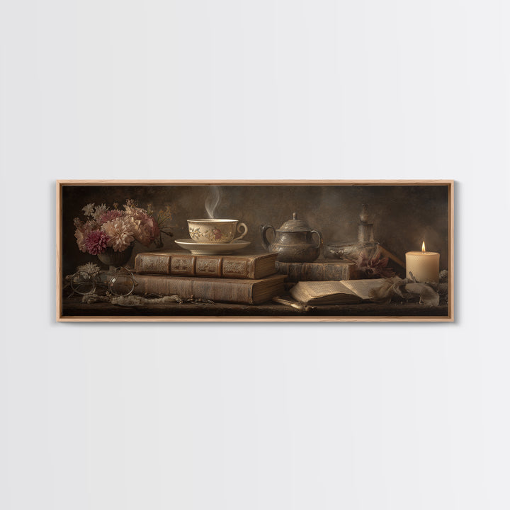 Teacup Beside a Worn Leather Bound Book Canvas Print, Bookstore Art, Wall Decor, Bookstore Decor, Fine Art, Literary, BOO-3x1-96