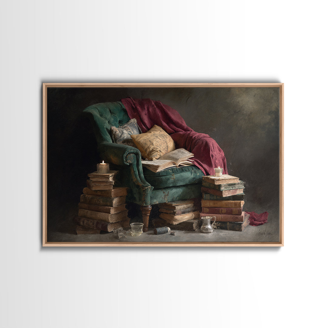 Cozy Reading Chair Still Life Without Room Canvas Print, Bookstore Art, Bookish Wall Art, Bookstore Decor, Fine Art, Literary, BOO-3x2-33