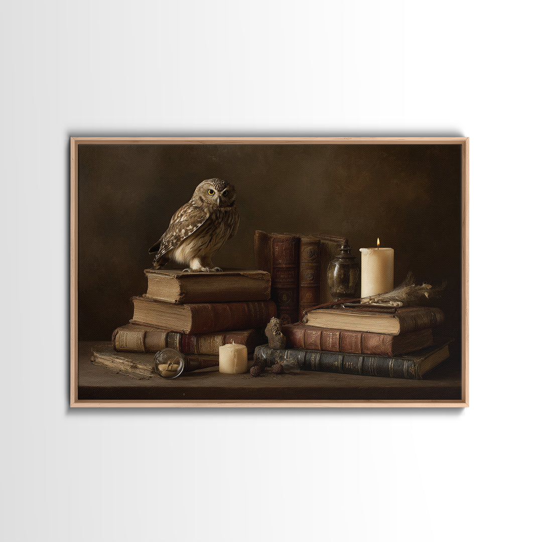 Owl Perched on a Stack of Classics Canvas Print, Bookstore Art, Book Wall Art, Bookstore Decor, Oil Painting, Literary, BOO-3x2-37