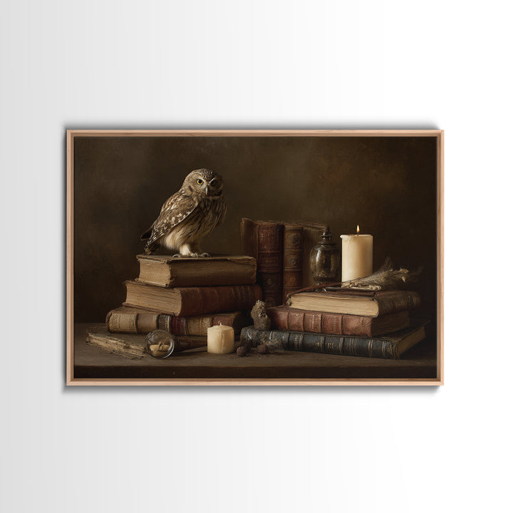 Owl Perched on a Stack of Classics Canvas Print, Bookstore Art, Book Wall Art, Bookstore Decor, Oil Painting, Literary, BOO-3x2-37