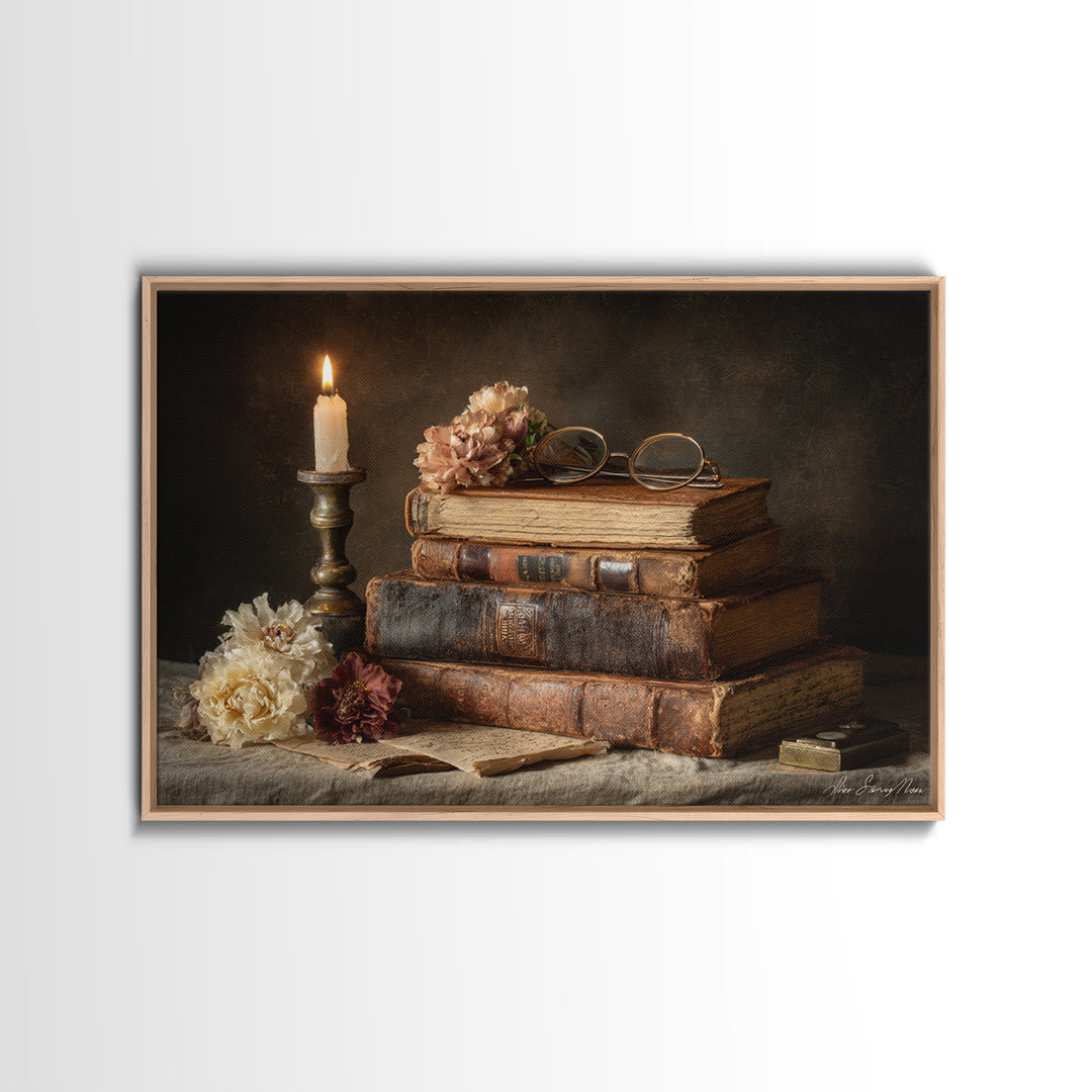 Dark Academia Candle and Book Still Life Canvas Print, Bookstore Art, Vertical Wall Art, Bookstore Decor, Fine Art, Literary, BOO-3x2-62