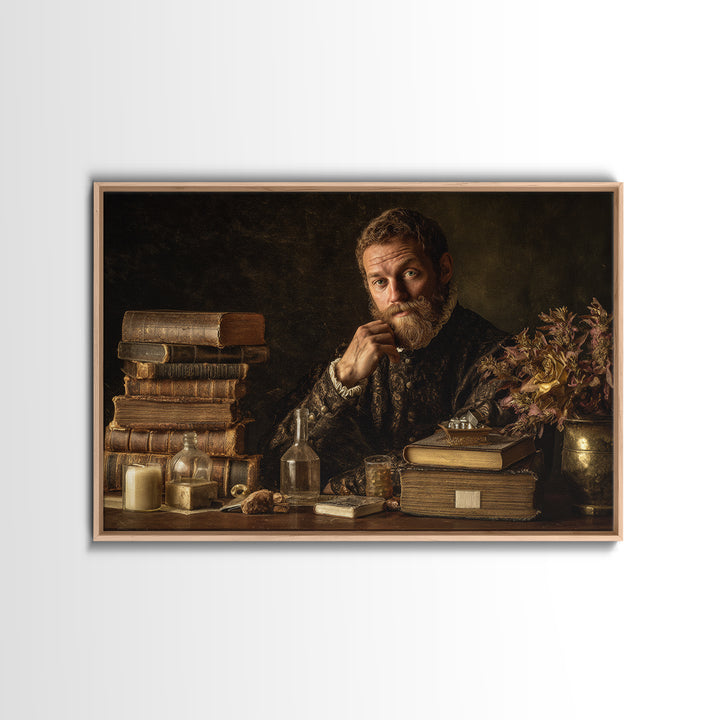 Renaissance Scholar Portrait Canvas Print, Bookstore Art, Boho Decor, Bookstore Decor, Oil Painting, Literary, Printable Art, BOO-3x2-75
