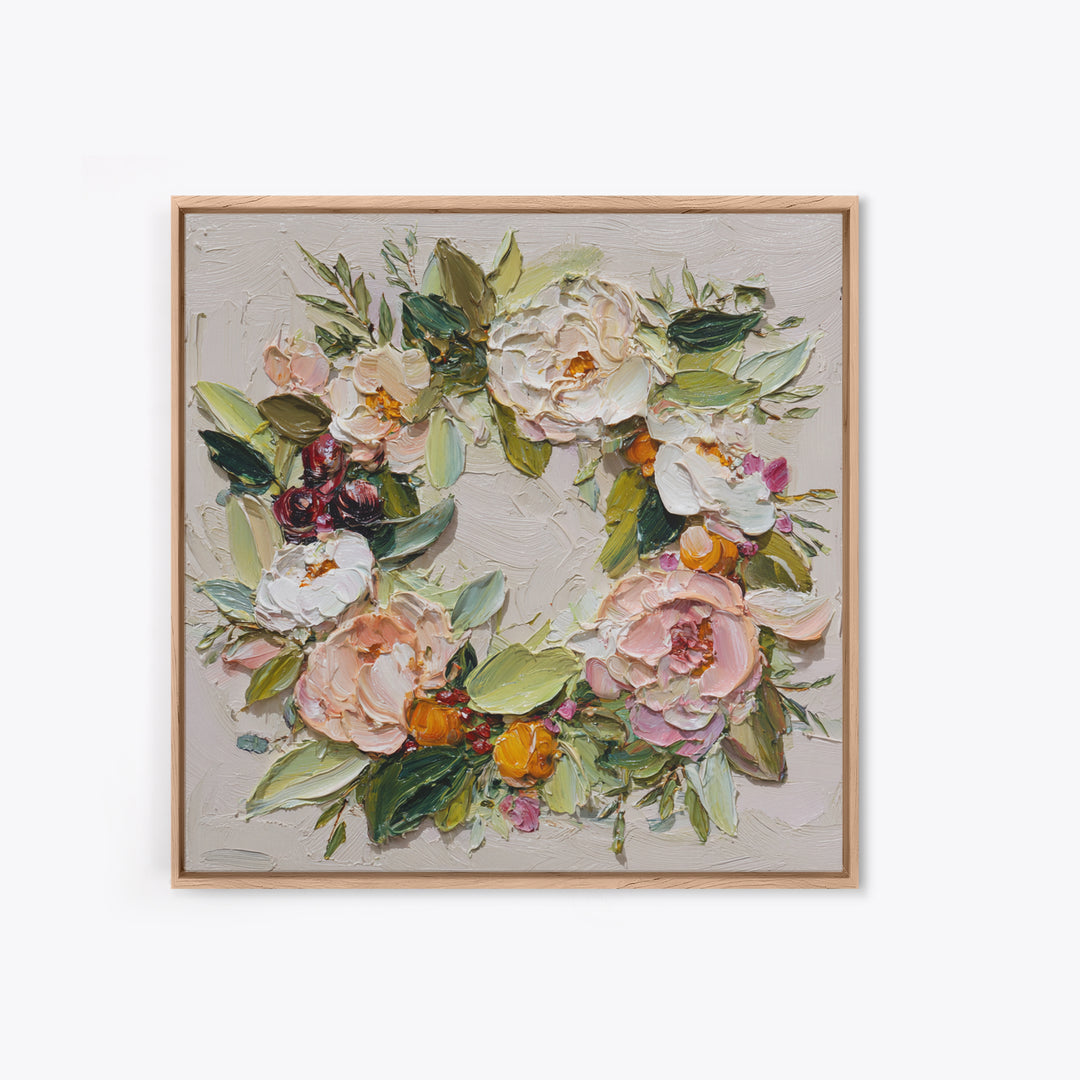 Botanical Wreath with Leaves Berries and Flowers Canvas Print, Botanical Art, Boho Wall Art, Living Room Decor, Botanic, BOT-1x1-24