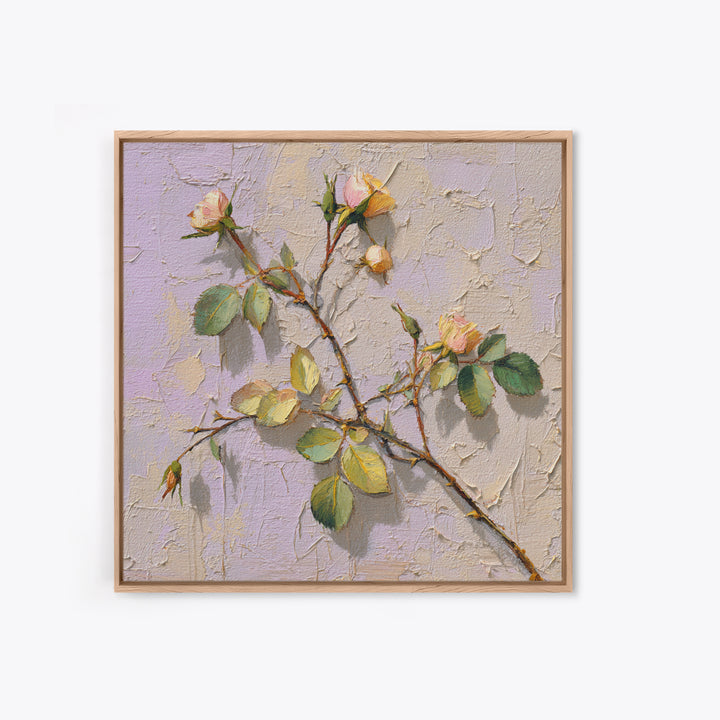 Wild Rose Branch Framed Canvas Print, Botanical Art, Sage Green Wall Art, Living Room Decor, Oil Painting, Botanic, BOT-1x1-70