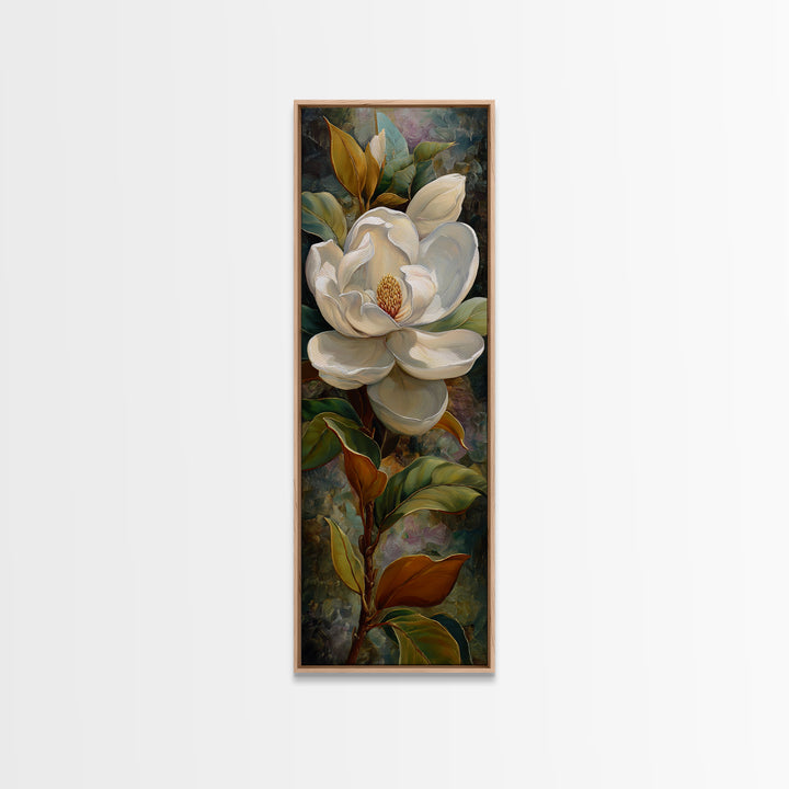 Dramatic White Magnolia on Dark Background Canvas Print, Botanical Art, Neutral Decor, Living Room Decor, Oil Painting, Botanic, BOT-1x3-18