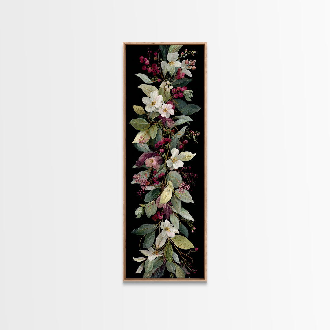 Botanical Wreath with Leaves Berries and Flowers Canvas Print, Botanical Art, Oil Painting, Living Room Decor, Botanic, BOT-1x3-60