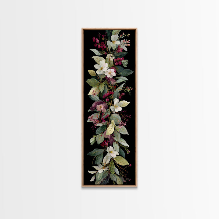 Botanical Wreath with Leaves Berries and Flowers Canvas Print, Botanical Art, Oil Painting, Living Room Decor, Botanic, BOT-1x3-60