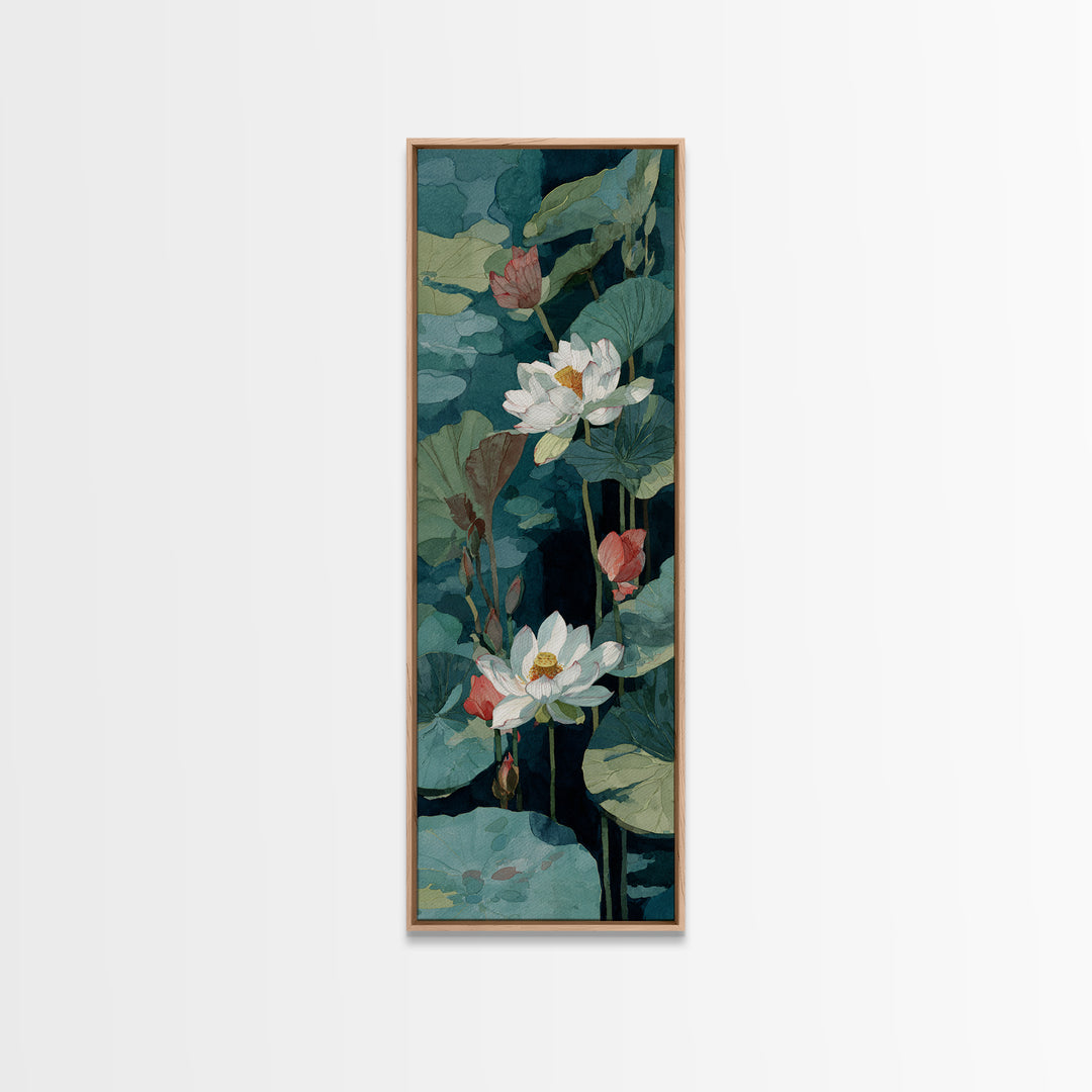 Lotus Flower and Lily Pads on Still Framed Canvas Print, Botanical Art, Sage Green Wall Art, Living Room Decor, Oil Painting, BOT-1x3-79