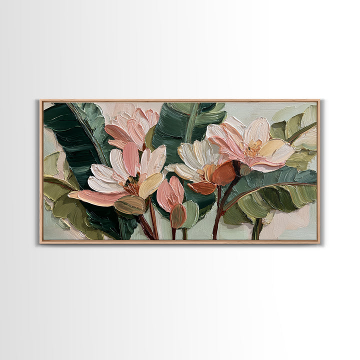Tropical Banana Leaf Painted Framed Canvas Print, Botanical Art, Whimsical Decor, Living Room Decor, Oil Painting, Botanic, BOT-2x1-100