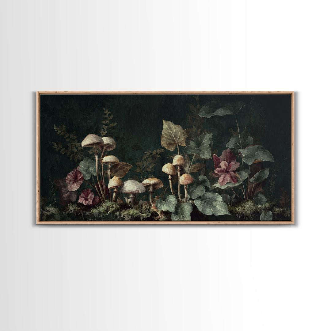 Mushrooms and Moss Botanical Field Study Framed Canvas Print, Botanical Art, Living Room Decor, Watercolor Art, Botanic, BOT-2x1-29