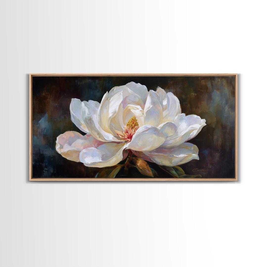 Dramatic White Magnolia on Dark Background Framed Canvas Print, Botanical Art, Art, Living Room Decor, Oil Painting, Botanic, BOT-2x1-50