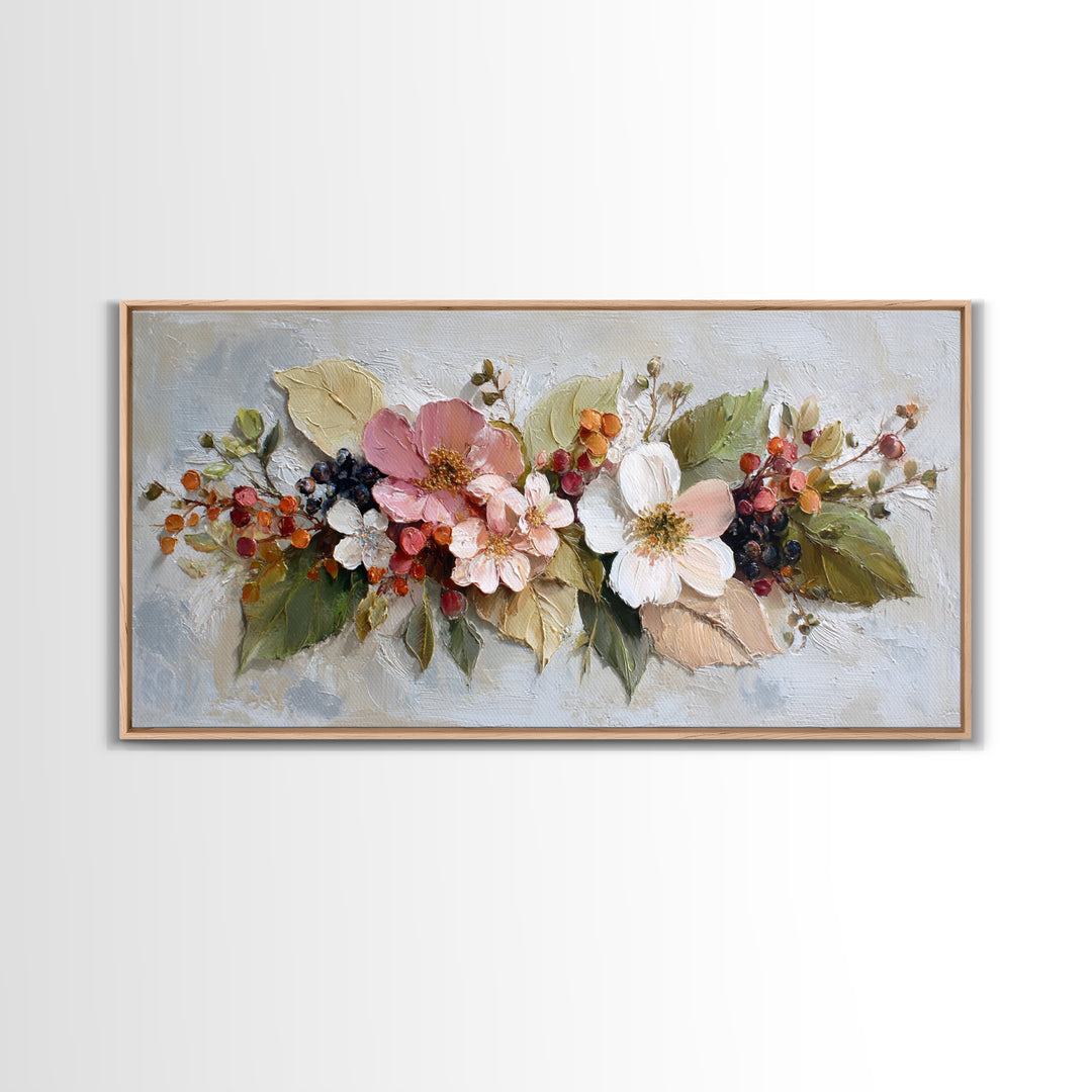 Botanical Wreath with Leaves Berries and Flowers Canvas Print, Botanical Art, Wall Art Prints, Living Room Decor, Botanic, BOT-2x1-68