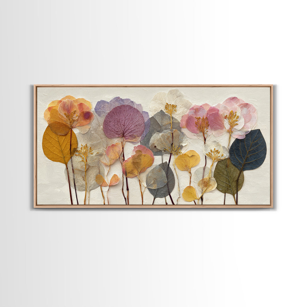 Pressed Flower Collage Framed Canvas Print, Botanical Art, Living Room Decor, Botanic, Fine Art Print, Statement Artwork, BOT-2x1-96