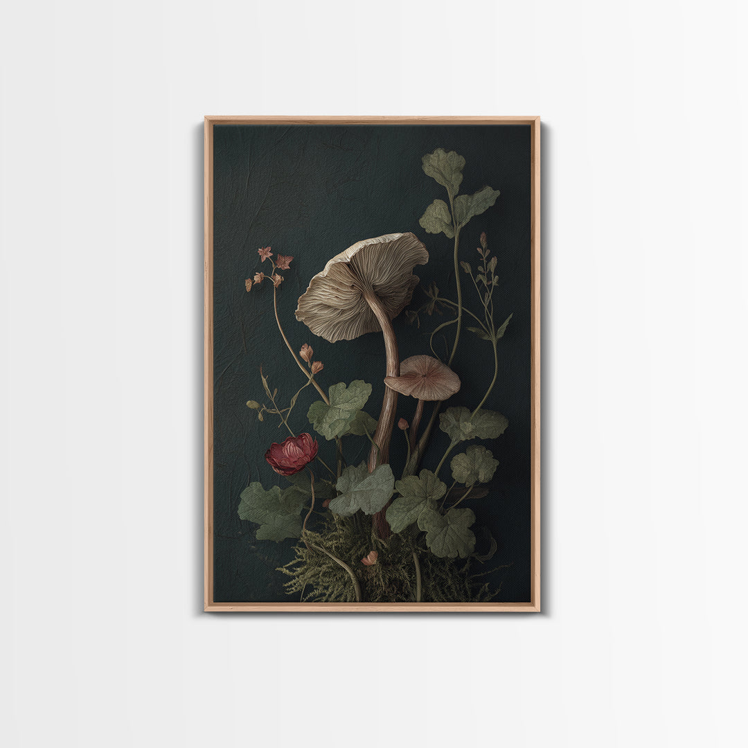 Mushrooms and Moss Botanical Field Study Framed Canvas Print, Botanical Art, Oil Painting, Living Room Decor, Fine Art, Botanic, BOT-2x3-17