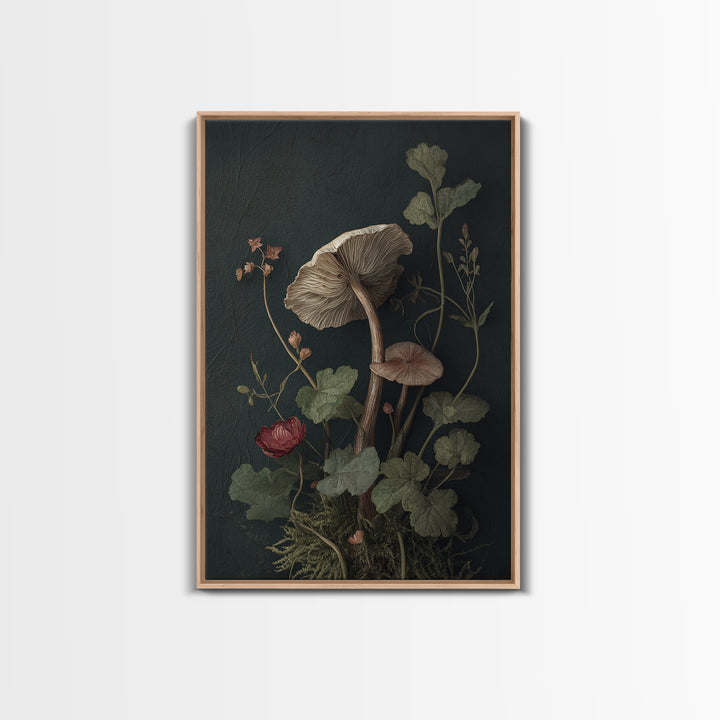 Mushrooms and Moss Botanical Field Study Framed Canvas Print, Botanical Art, Oil Painting, Living Room Decor, Fine Art, Botanic, BOT-2x3-17