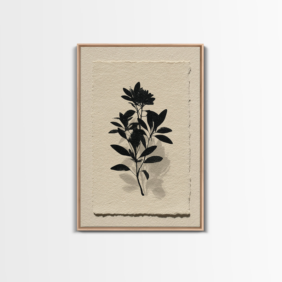 Black Ink Botanical Silhouette on Cream Paper Canvas Print, Botanical Art, Living Room Decor, Watercolor Art, Botanic, BOT-2x3-29