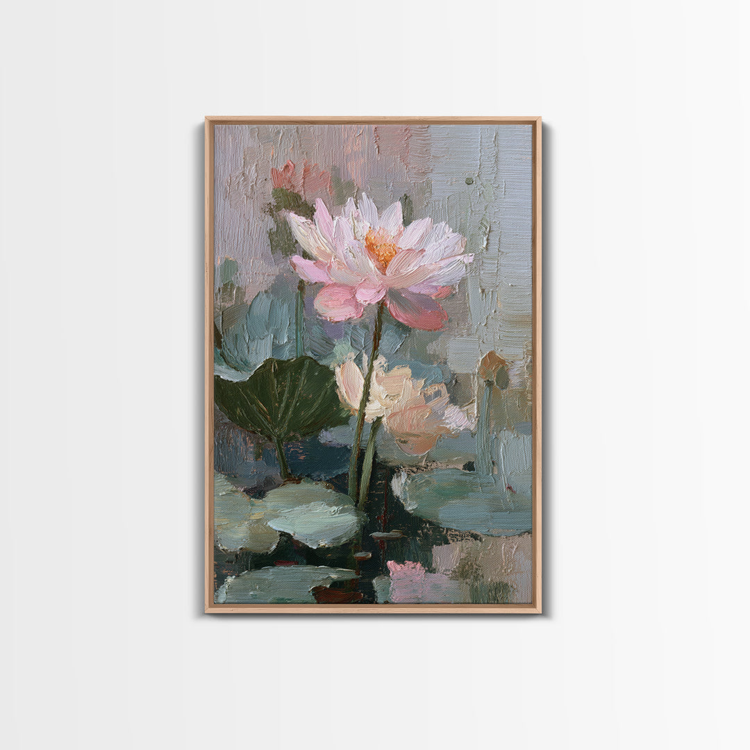 Lotus Flower and Lily Pads on Still Framed Canvas Print, Botanical Art, Living Room Decor, Watercolor Art, Botanic, BOT-2x3-75