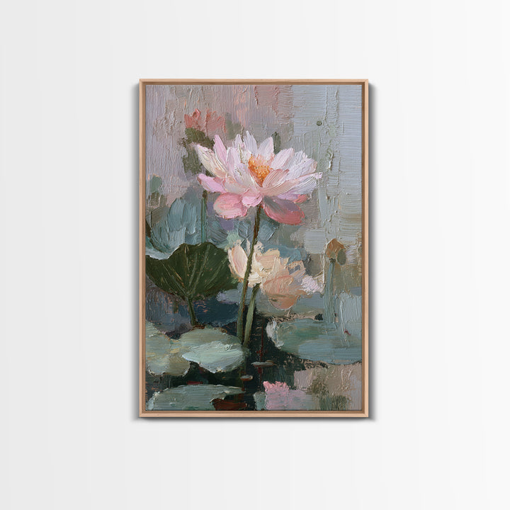 Lotus Flower and Lily Pads on Still Framed Canvas Print, Botanical Art, Living Room Decor, Watercolor Art, Botanic, BOT-2x3-75