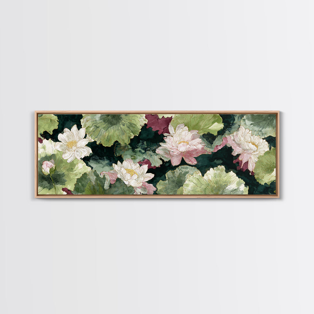 Lotus Flower and Lily Pads on Still Canvas Print, Botanical Art, Minimalist Decor, Living Room Decor, Oil Painting, Botanic, BOT-3x1-35