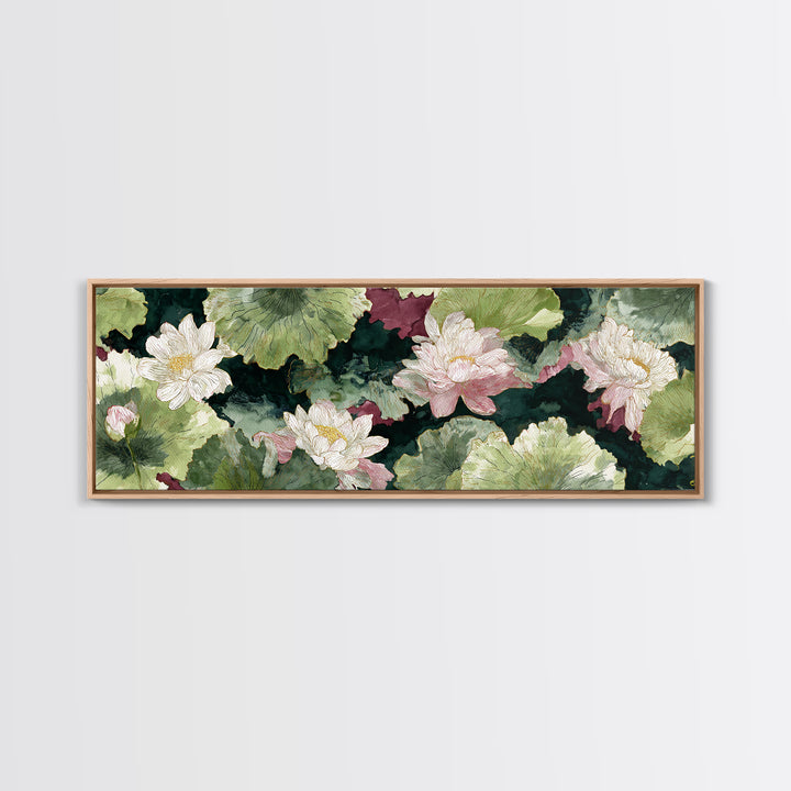 Lotus Flower and Lily Pads on Still Canvas Print, Botanical Art, Minimalist Decor, Living Room Decor, Oil Painting, Botanic, BOT-3x1-35