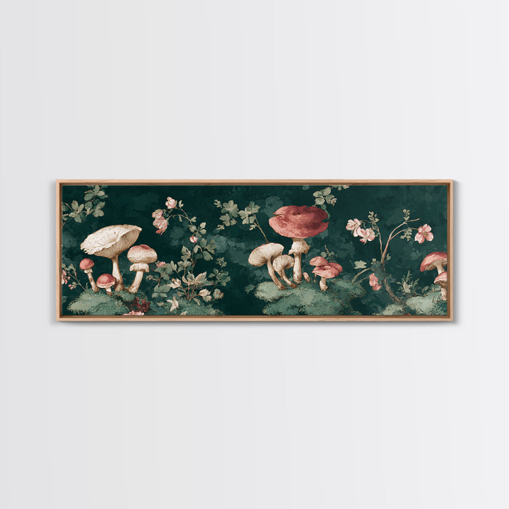 Mushrooms and Moss Botanical Field Study Framed Canvas Print, Botanical Art, Neutral Decor, Living Room Decor, Oil Painting, BOT-3x1-73