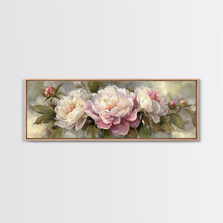 Peony Bloom with Layered Romantic Petals Framed Canvas Print, Botanical Art, Living Room Decor, Botanic, Fine Art Print, BOT-3x1-74