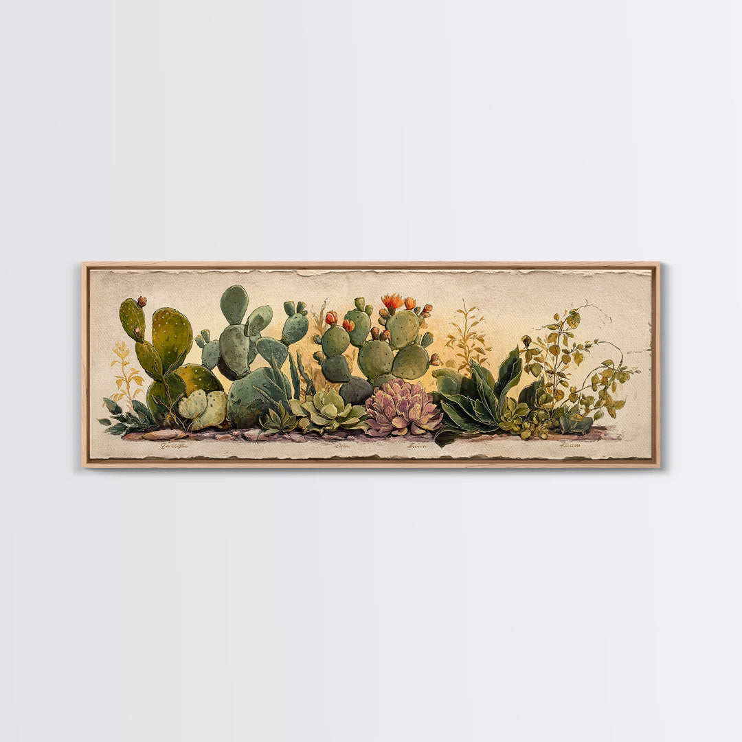 Cactus Botanical Plate Framed Canvas Print, Botanical Art, Sage Green Wall Art, Living Room Decor, Oil Painting, Botanic, BOT-3x1-77