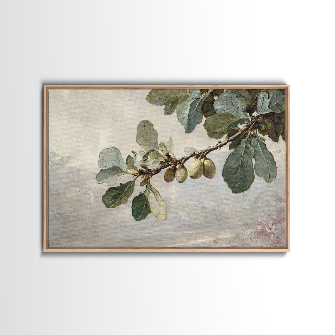 Fig Branch with Fruit and Broad Leaves Framed Canvas Print, Botanical Art, Statement Artwork, Living Room Decor, Botanic, BOT-3x2-19