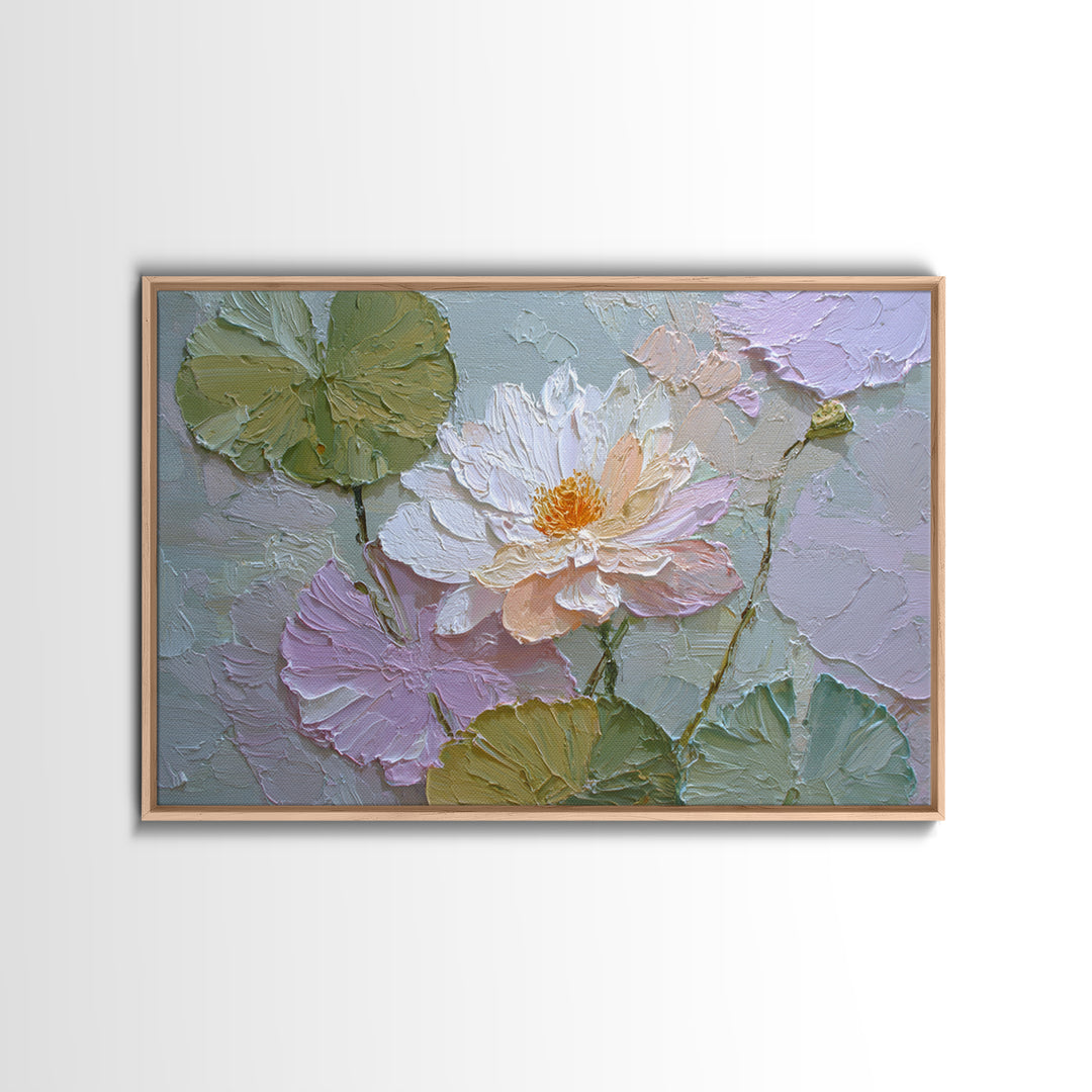 Lotus Flower and Lily Pads on Still Framed Canvas Print, Botanical Art, Living Room Wall Art, Living Room Decor, Botanic, BOT-3x2-71