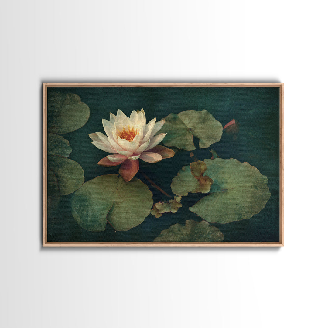 Lotus Flower and Lily Pads on Still Framed Canvas Print, Botanical Art, Living Room Decor, Watercolor Art, Botanic, BOT-3x2-95