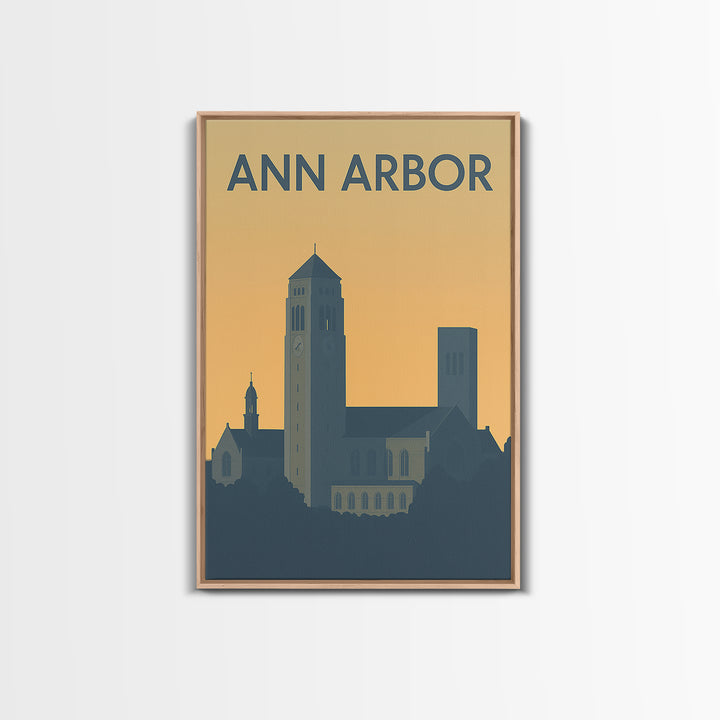 Ann Arbor Travel Poster, Framed Canvas Print, Sunset Skyline Wall Art, Ann Arbor Wall Art, Travel Wall Art, City Illustration, Wall Art