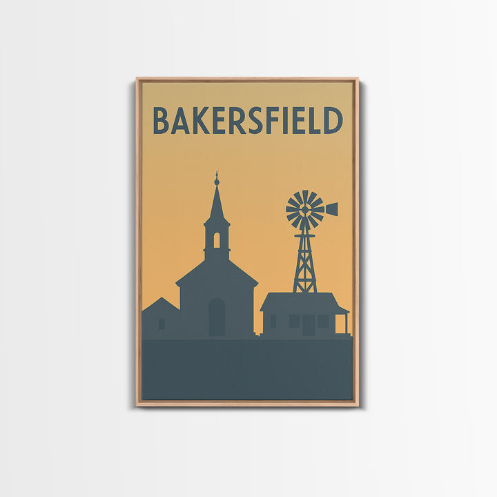 Bakersfield Travel Poster, Framed Canvas Print, Sunset Skyline Wall Art, Bakersfield Wall Art, Wanderlust Decor, Travel Wall Decor