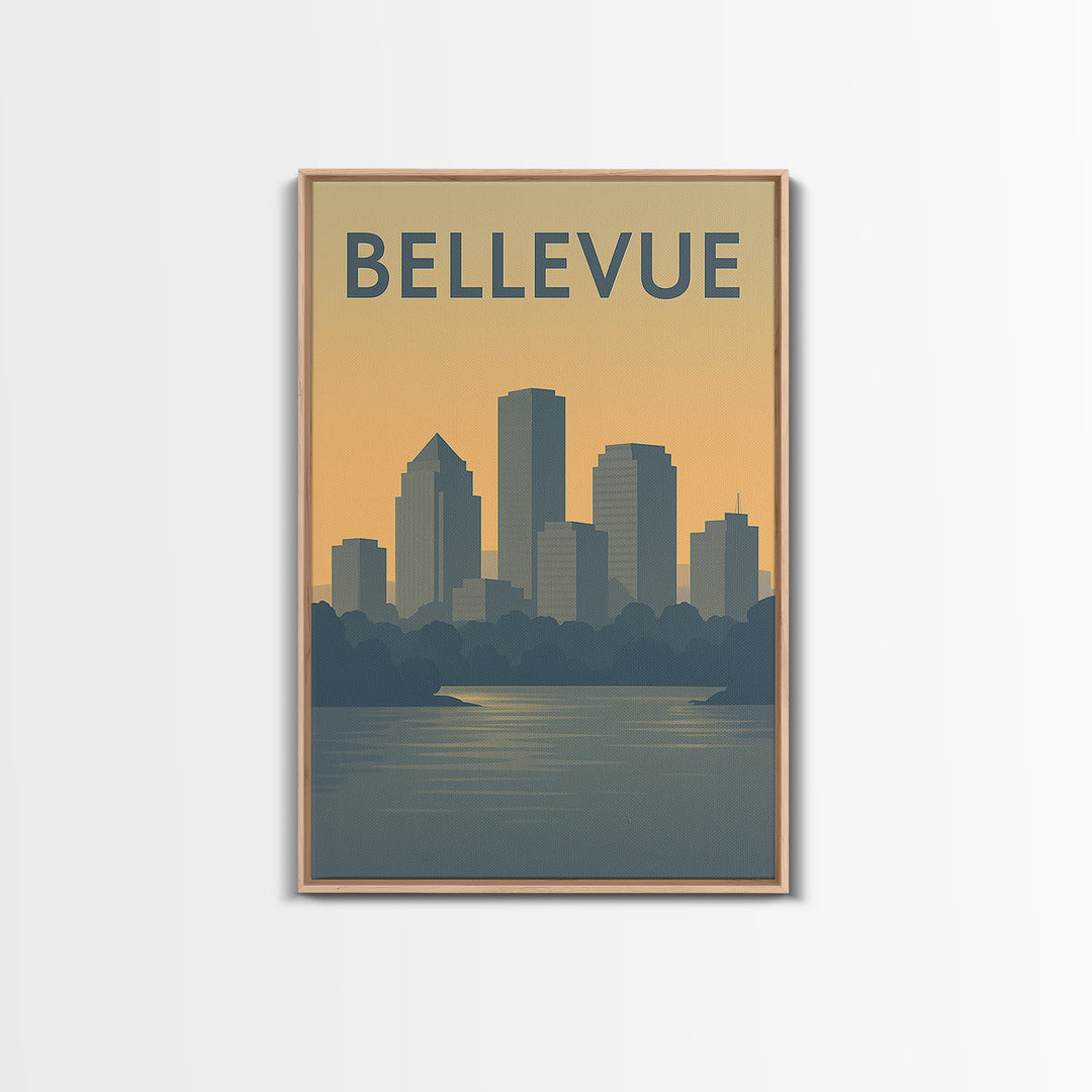 Bellevue Travel Poster, Canvas Print, Mid Century Travel Art, Bellevue Art Print, Travel Art Print, City Illustration, Living Room Wall Art