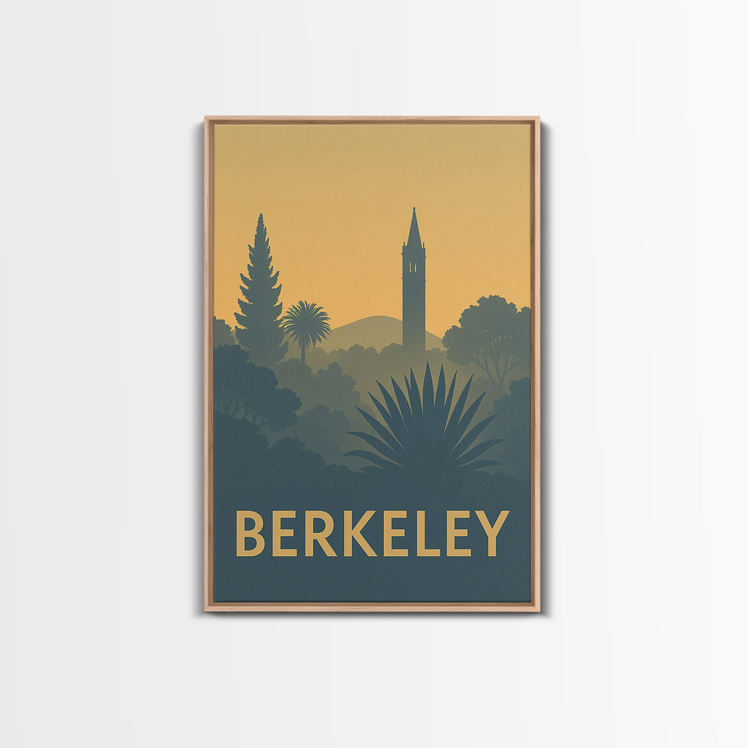 Berkeley Travel Poster, Framed Canvas Print, Sunset Skyline Wall Art, Berkeley City Art, Mid Century Wall Art, Vintage City Poster