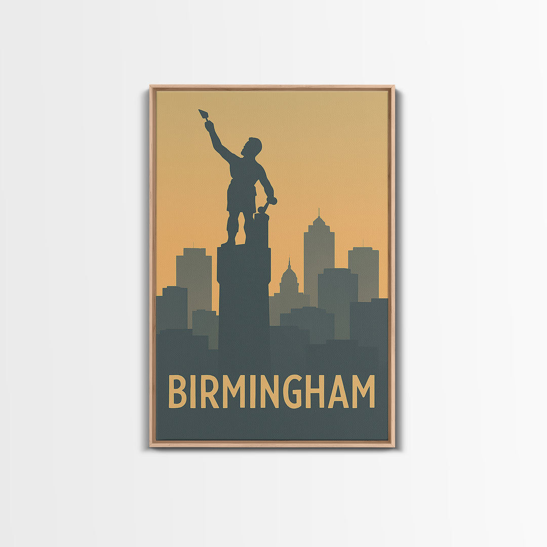Birmingham Travel Poster, Framed Canvas Print, Sunset Skyline Wall Art, Birmingham Poster Print, City Art Print, Vintage City Art