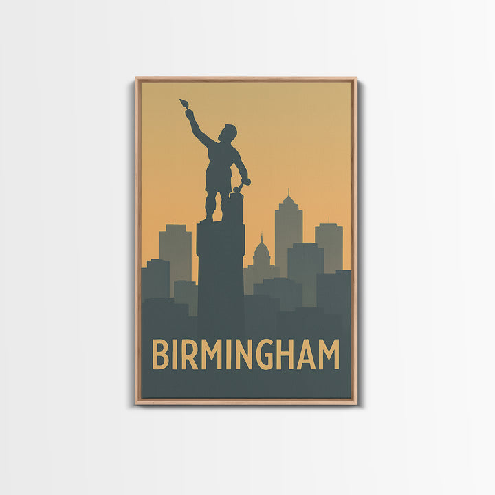 Birmingham Travel Poster, Framed Canvas Print, Sunset Skyline Wall Art, Birmingham Poster Print, City Art Print, Vintage City Art