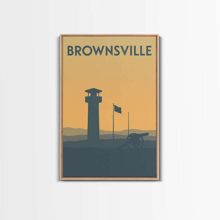 Brownsville Travel Poster, Framed Canvas Print, Minimalist Retro Wall Art, Brownsville Poster Print, Wanderlust Decor, Mid Century Wall Art
