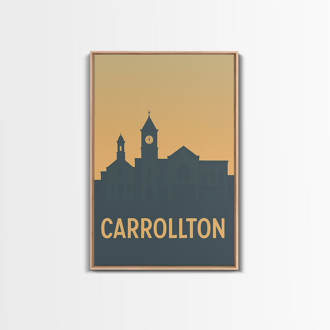 Carrollton Texas Travel Poster, Framed Canvas Print, Mid Century Travel Art, Carrollton Poster Print, City Travel Prints, Home Office Decor